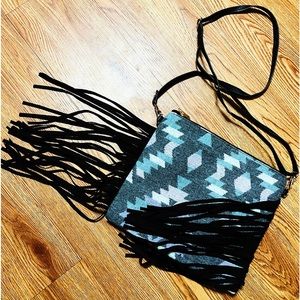 Aztec Suede Fringe Crossbody / Wristlet Handbag